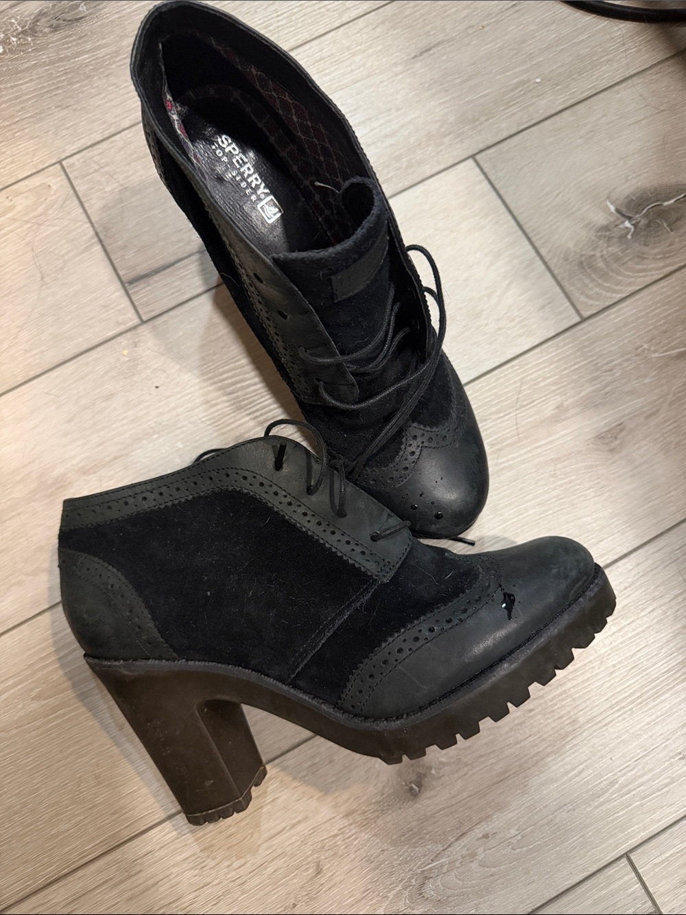 Sperry Black Suede Lace-Up Chunky Heel Boots